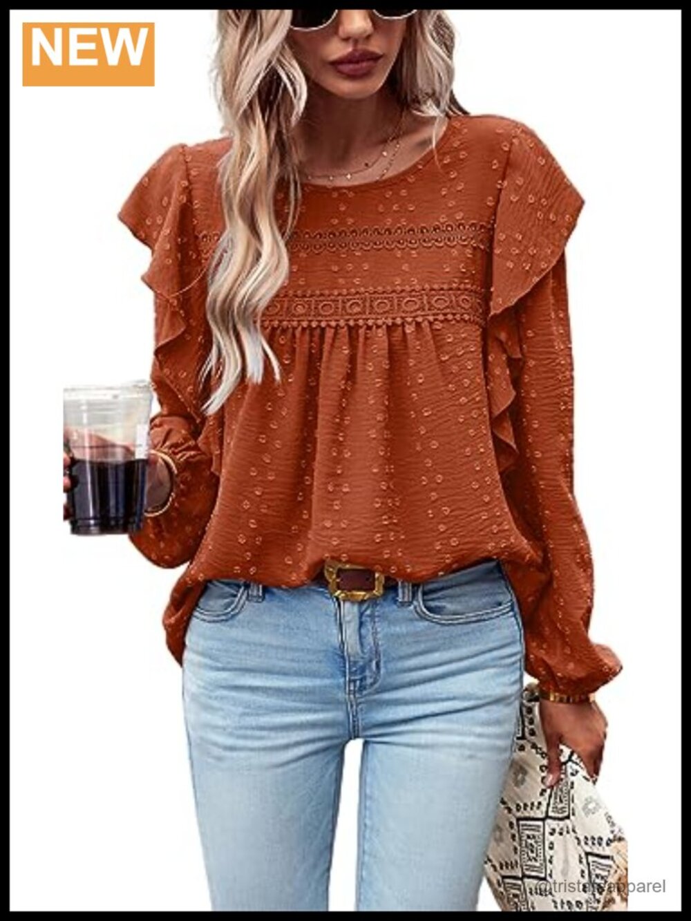 Women's Swiss Dot Ruffle Tunic Top Long Sleeve Lace Crochet Loose Fit Blouse